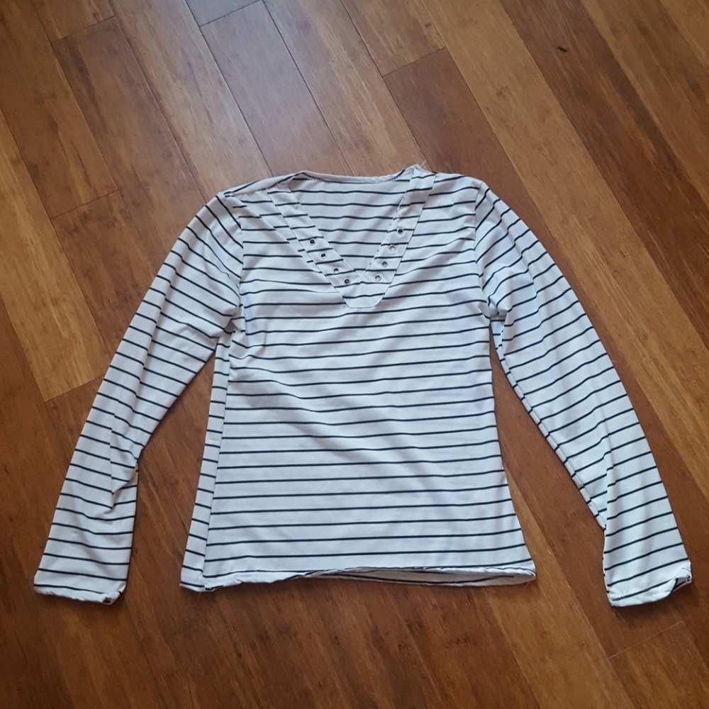 Long Sleeve White with Black Stripe V-Neck Lace Up
